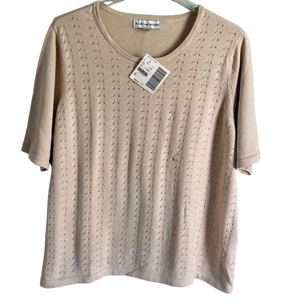 August Max Woman Short Sleeve Cotton Knit Top Beige Size 1X NEW NWT